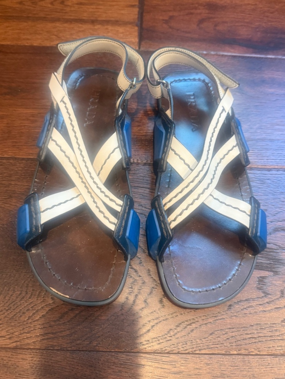 AUTHENTIC PRADA MENS LEATHER SLINGBACK SANDALS, SIZE UK 8/ US 9, WHITE/BLUE - Picture 2 of 15
